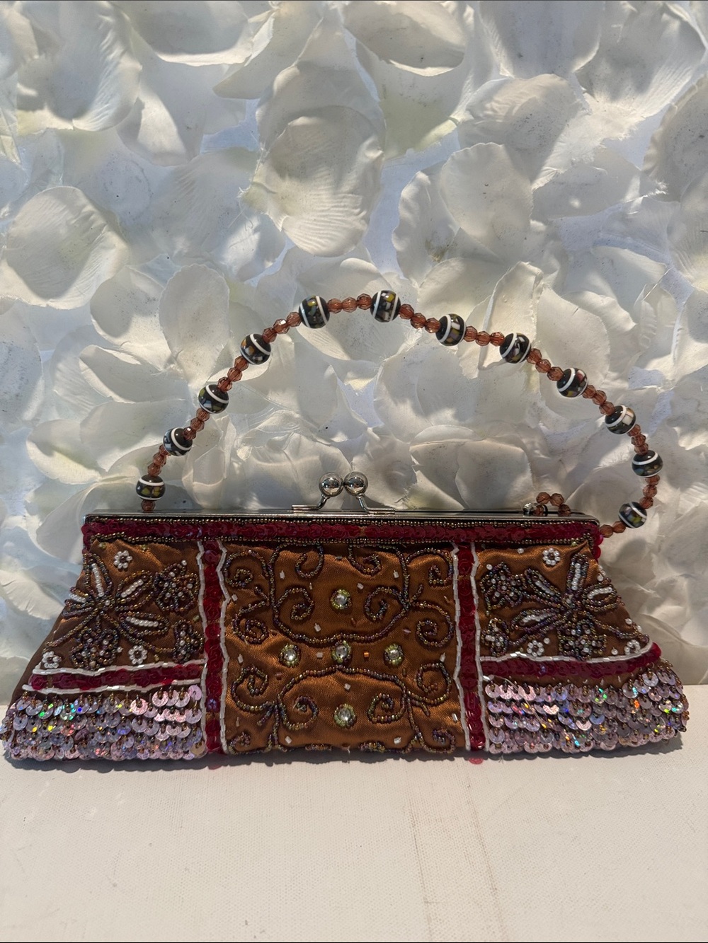 Chateau Beaded Brown and Red Embellished Evening Clutch